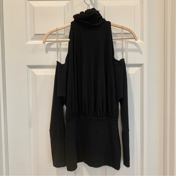 Black Mock Neck Cold-Shoulder Sweater with Attached Gold Chain Necklace - Picture 3 of 4